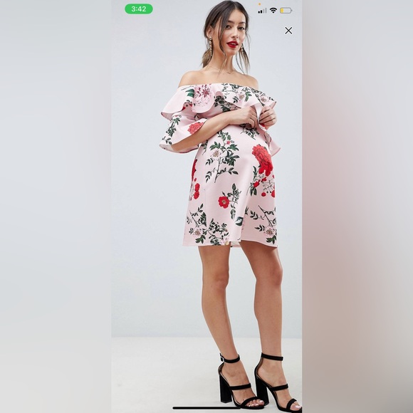 ASOS Maternity Floral ruffle shift off shoulder - Picture 3 of 12
